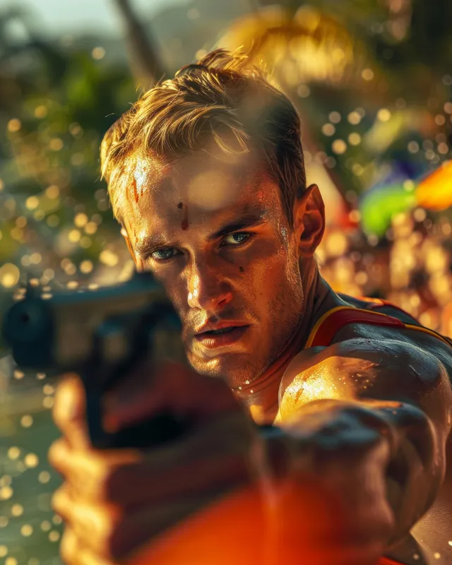 A German modern pentathlete aims during a Rio Olympics competition with warm sunset light and blurred spectators behind.