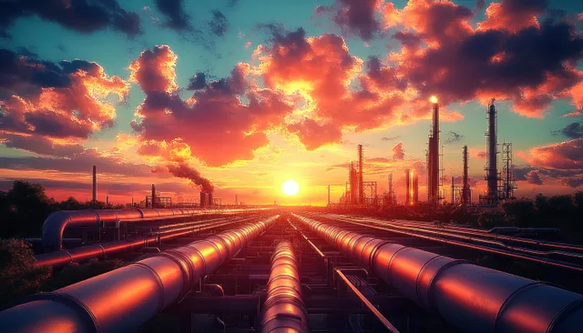 Sunset oil pipelines feeding a chemical plant with glowing stacks and steam plumes