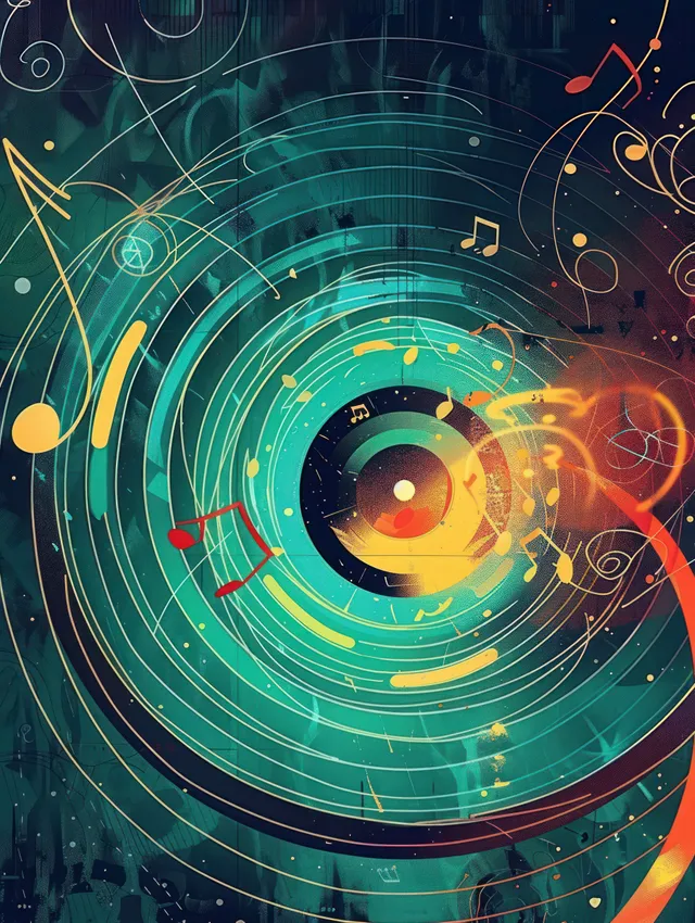 Colorful musical notes swirl outward from a dark center vinyl record with glowing concentric rings.