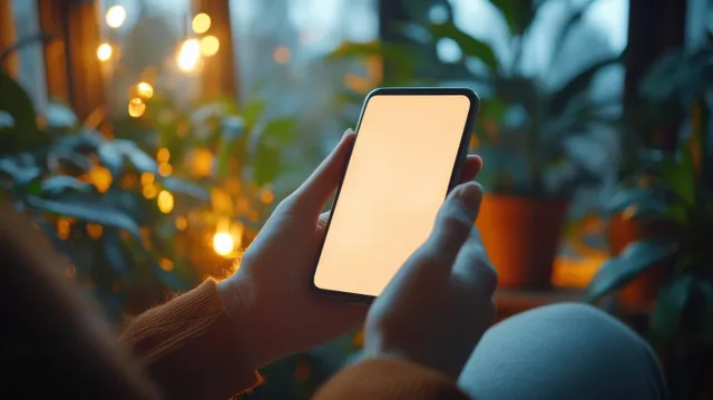 A woman holds a smartphone with a blank white screen in a warmly lit coffee shop interior.