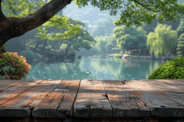 Rustic wooden table overlooking a calm lakeside with lush green trees and reflections