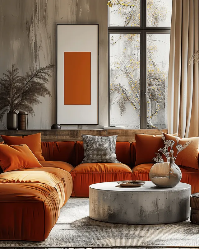 Orange sofa and concrete coffee table in a sunlit living room with a vertical framed poster by large windows.