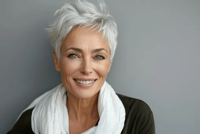 Senior woman smiling in close-up with short white hair and soft studio background