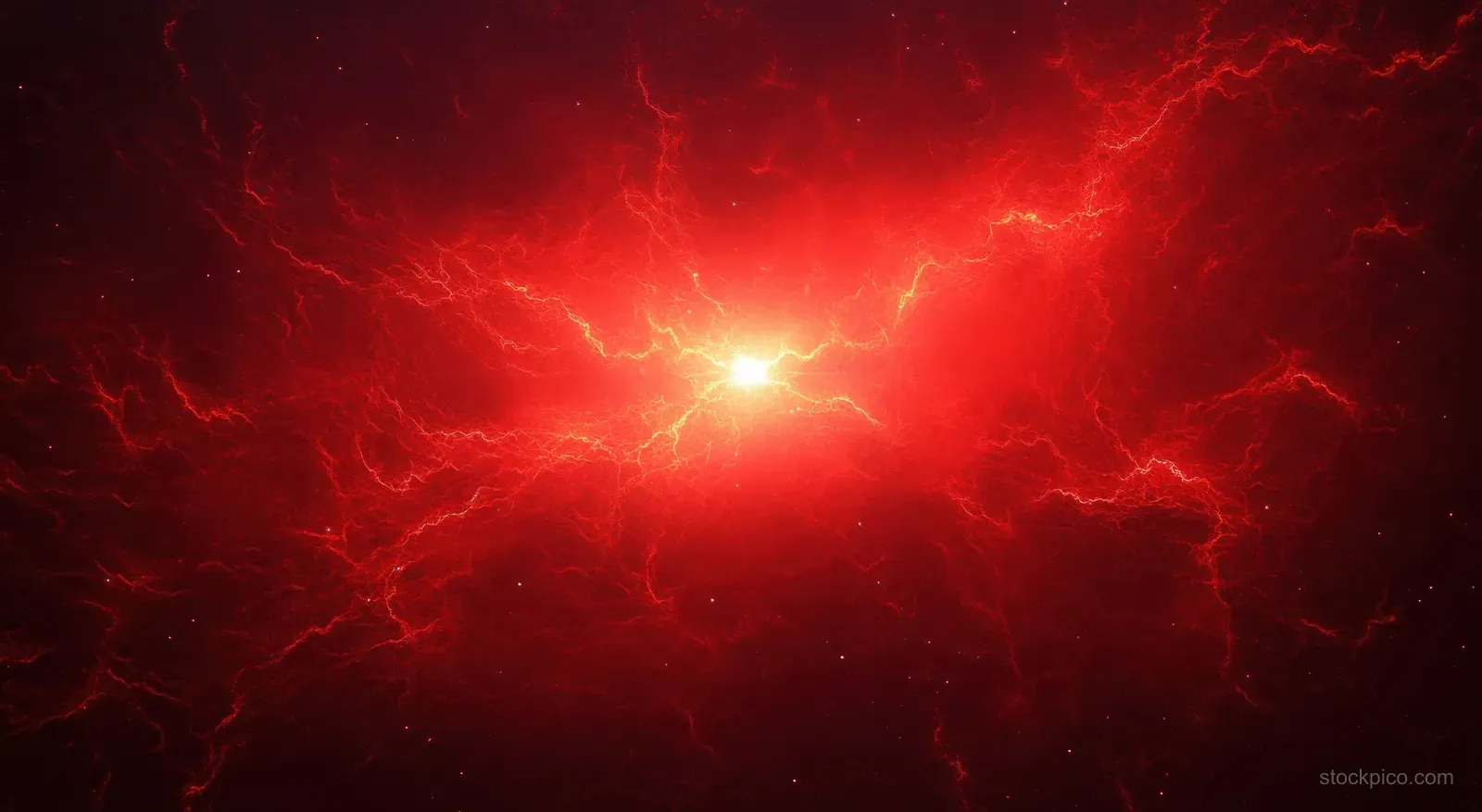 A red cosmic explosion emits branching lightning-like plasma streaks across a dark space background.