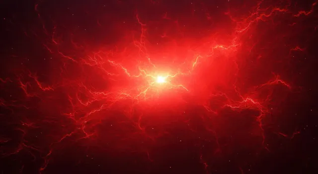Red cosmic explosion with branching lightning plasma rays igniting deep space nebula