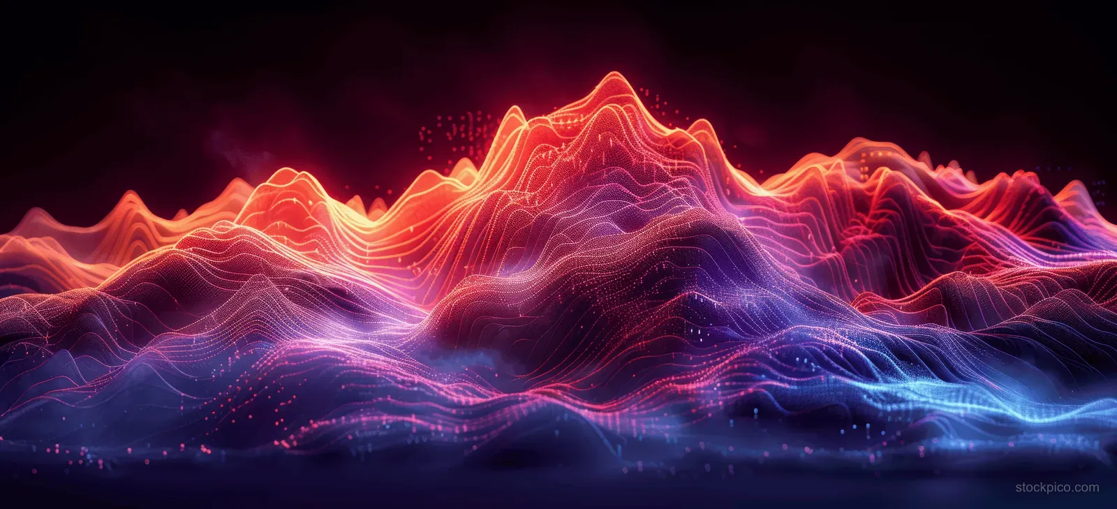 Neon wavy mountain landscape appears as a glowing data visualization with flowing spectral lines on a black background.