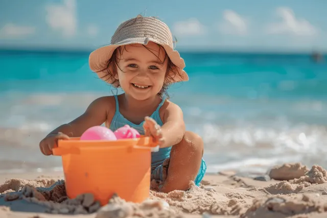 Smiling child in a sunhat plays with an orange beach bucket and colorful toys on sandy shore with ocean waves.