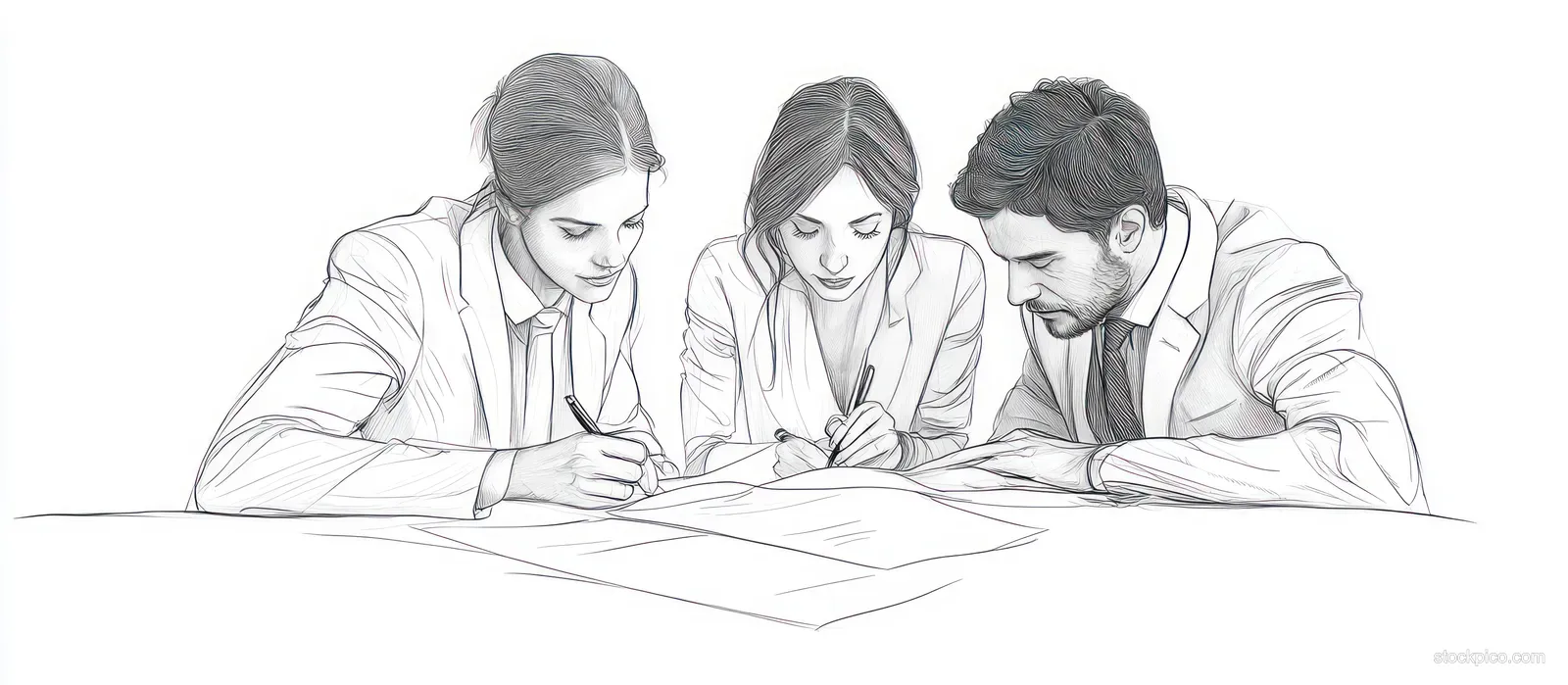 Three professionals in business attire review documents and write notes together at an office table.