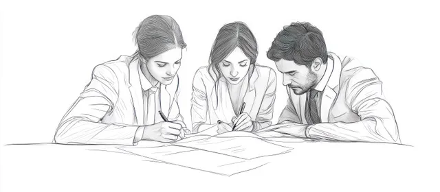 Three business professionals collaborate over paperwork, writing notes at an office table