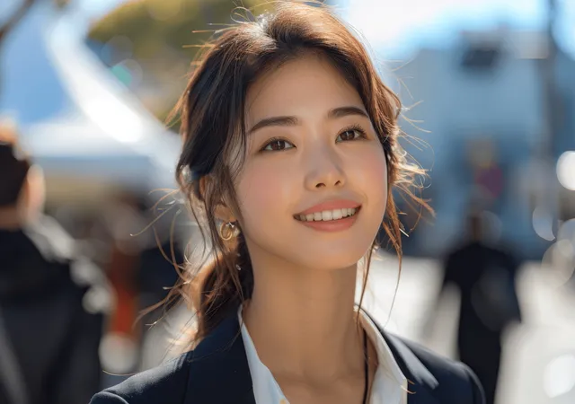 Smiling young Asian businesswoman in a dark suit outdoors under bright blue sky with Shallow Depth Of Field