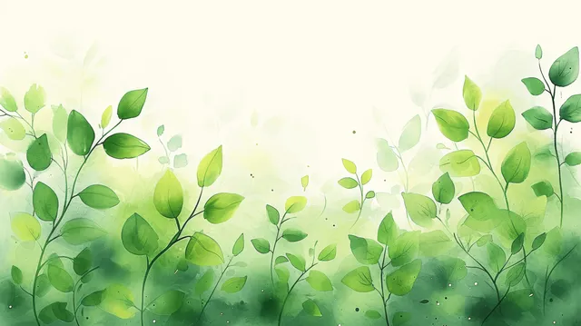Watercolor spring greenery background with layered green leaves over a pale pastel wash.