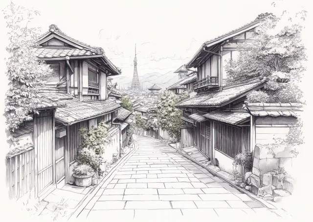 Monochrome pen-and-ink view of a traditional Japanese street with lattice walls, stone path, and houses receding.