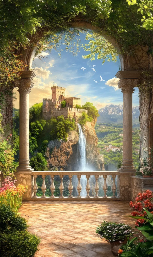 Sunlit garden archway framing a cascading waterfall with columns and bright floral beds