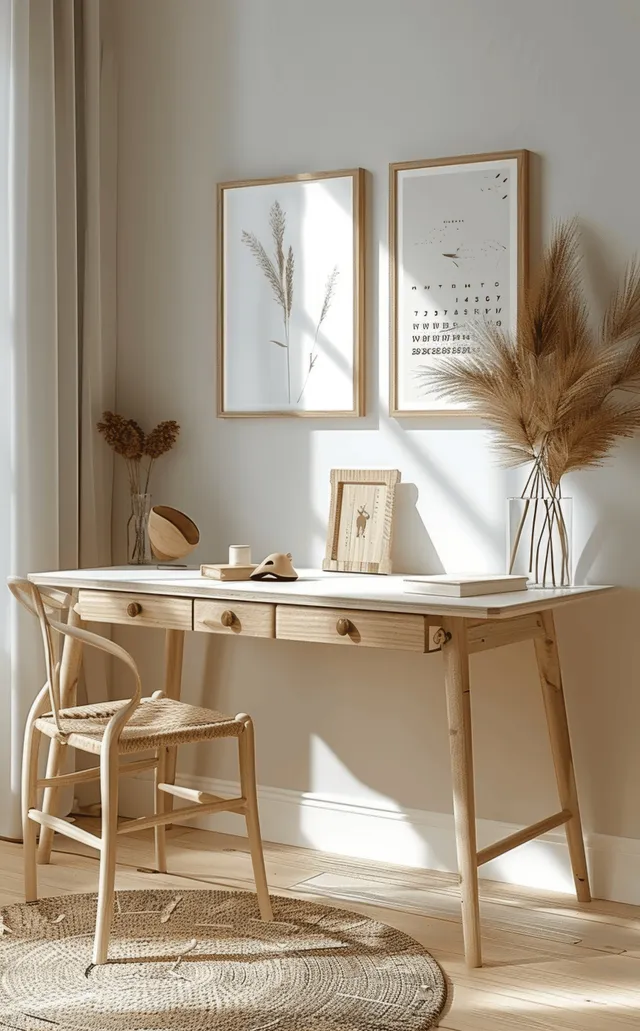 Scandi-boho living room corner with wooden desk, framed wall art, pampas grass decor
