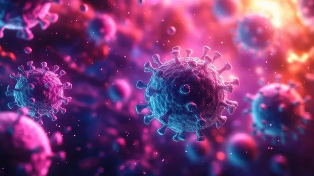 Glowing blue and purple 3D virus particles with spiky spikes floating in a dark microscope-like background.