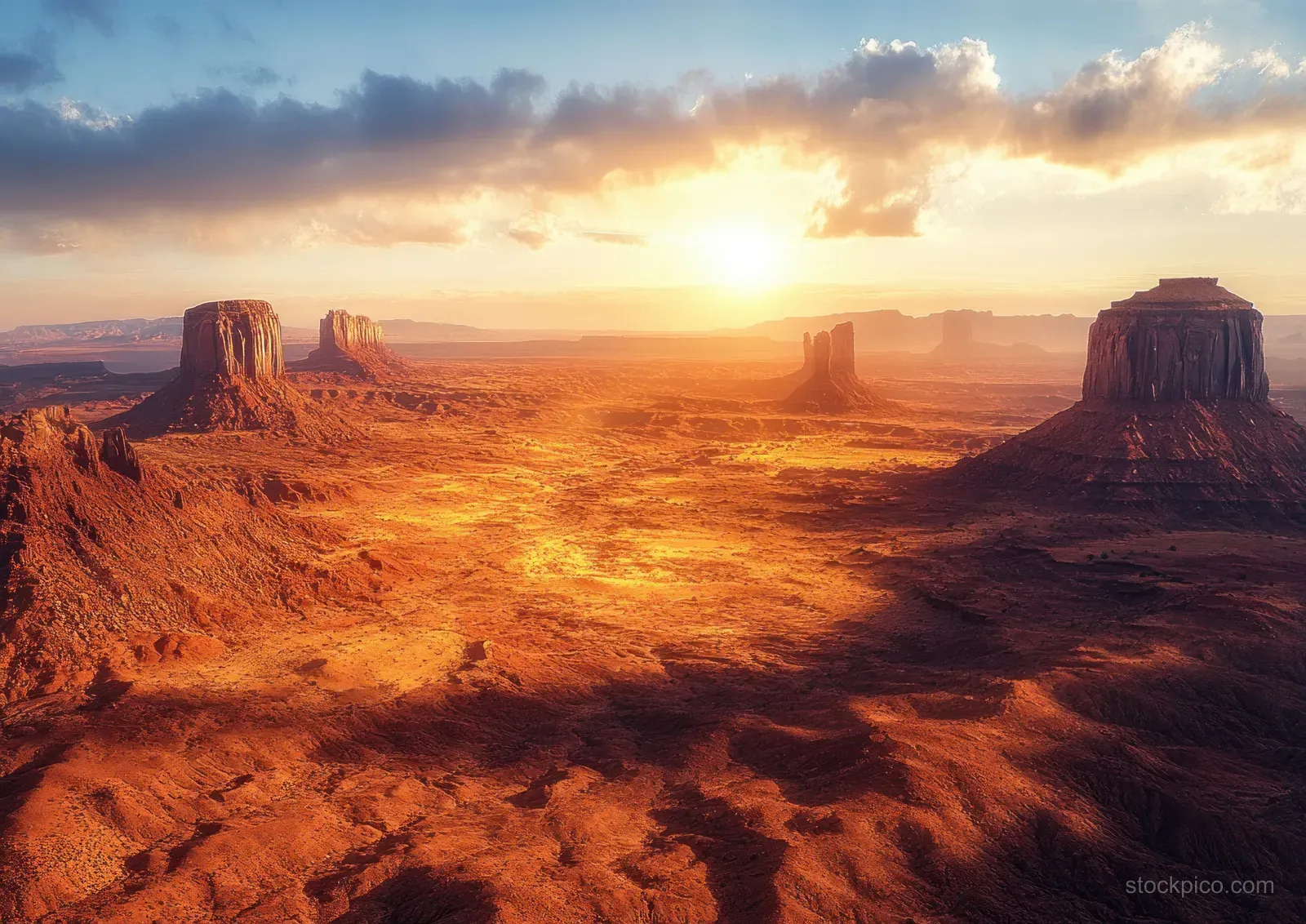 Aerial view of Monument Valley red sandstone buttes over desert terrain under a glowing sunset sky.