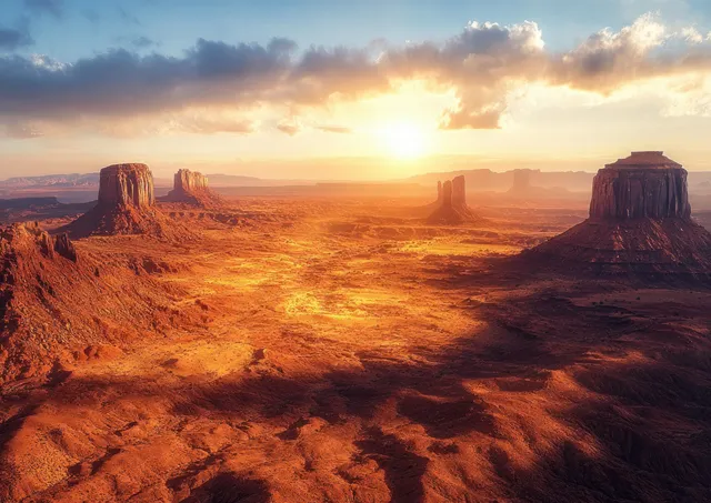 Aerial view of Monument Valley red sandstone buttes over desert terrain under a glowing sunset sky.
