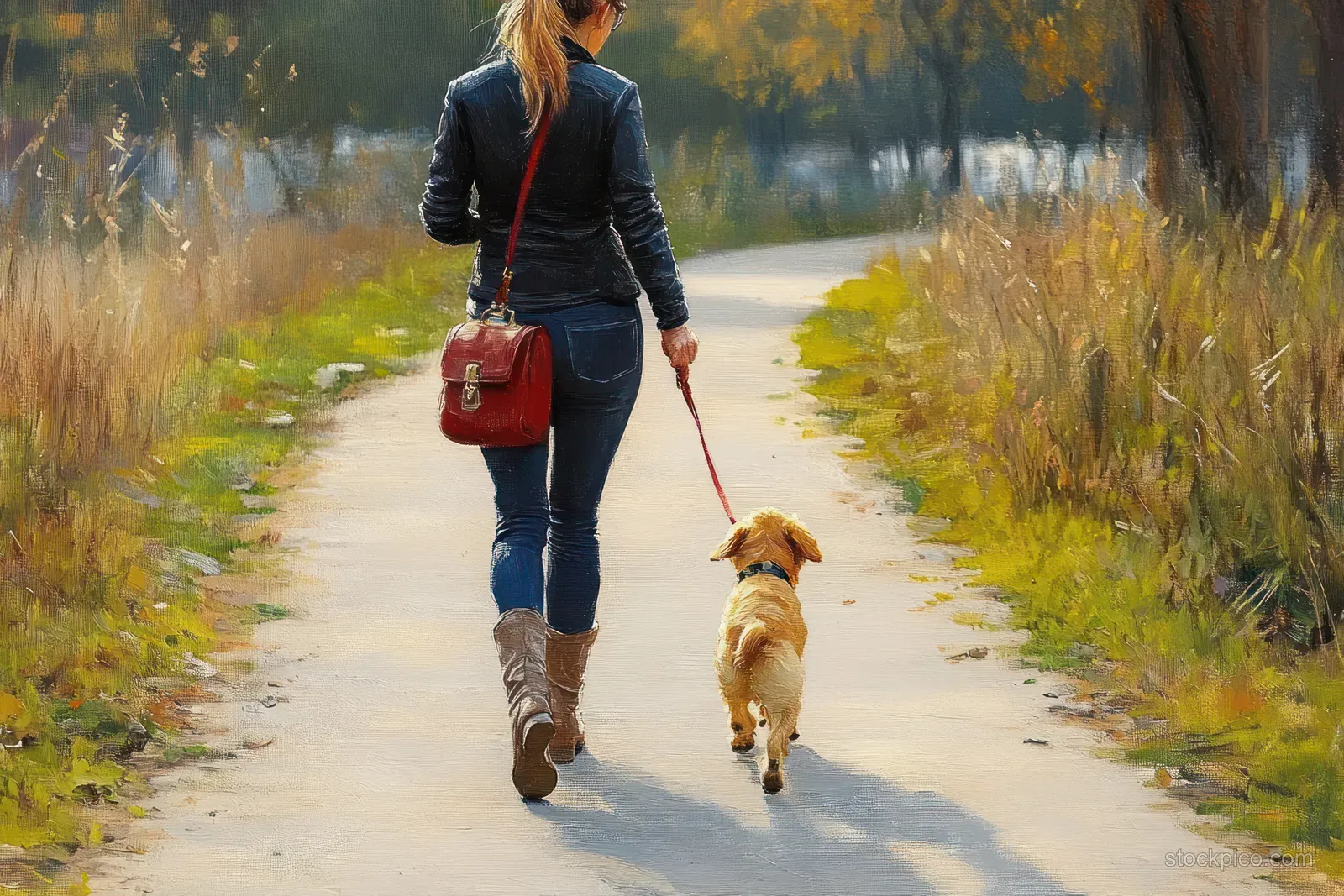 Woman leads a small dog on a red leash along a sunlit rural path lined with autumn leaves and trees.