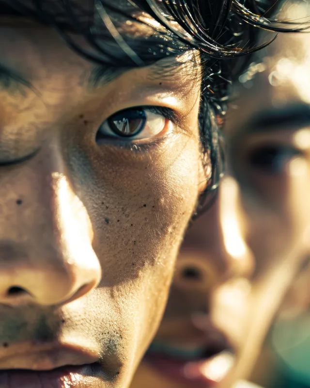 Close-up of a Japanese relay sprinter with intense eyes and sweat on a track, teammates blurred behind.