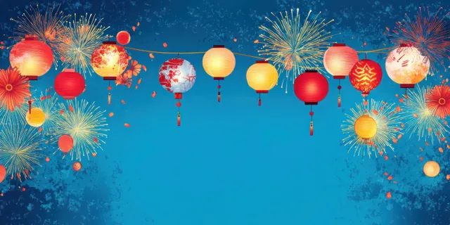 Fireworks explode above hanging red and gold lanterns across a deep blue night festival sky.