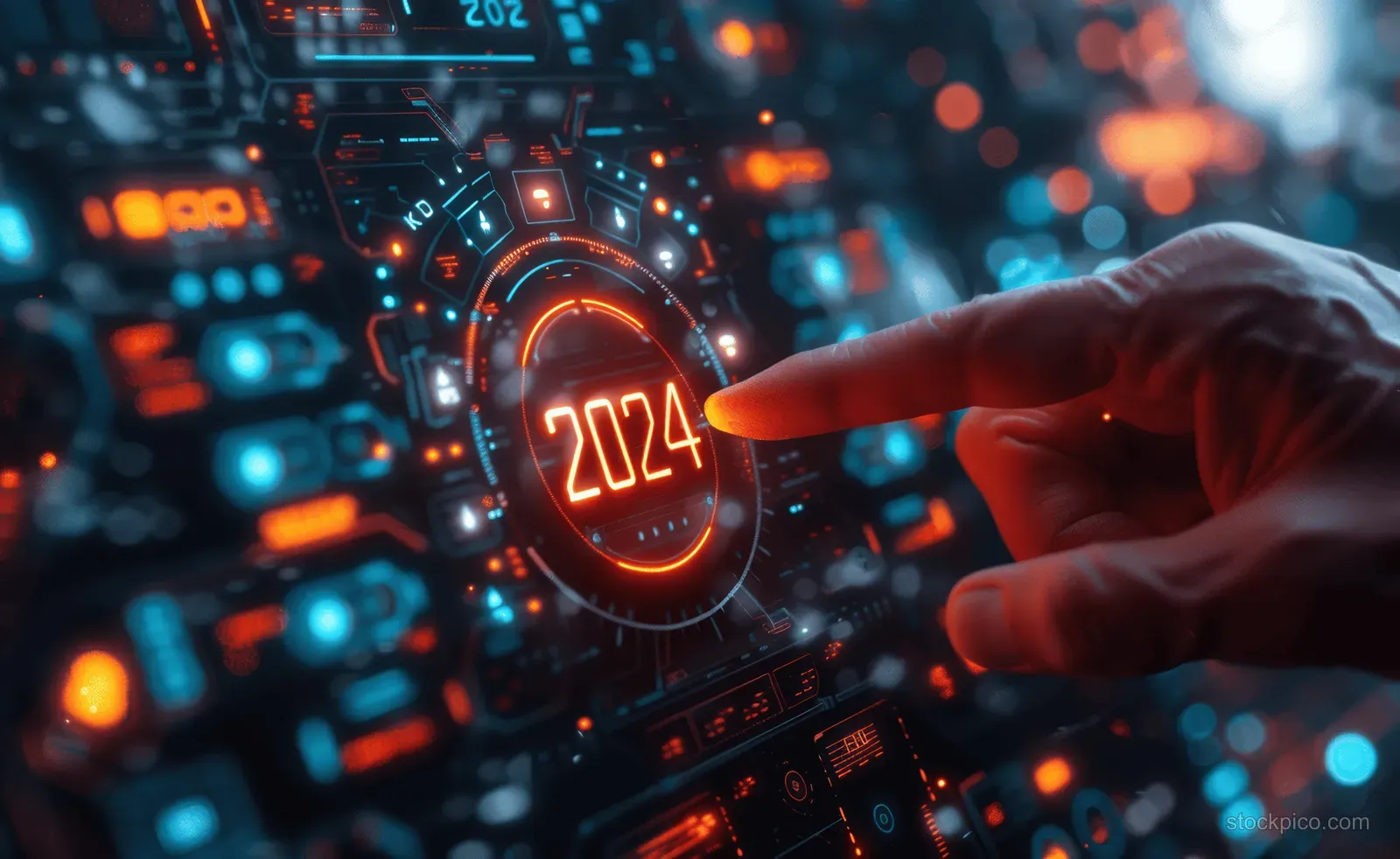 A hand presses a glowing progress bar on a digital dashboard changing the year from 2023 to 2024.