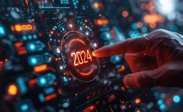 A hand presses a glowing progress bar on a digital dashboard changing the year from 2023 to 2024.