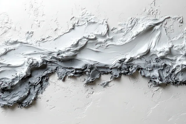 Wet cement and mortar smeared across a white wall with rough gritty plaster ridges and dark gray streaks.