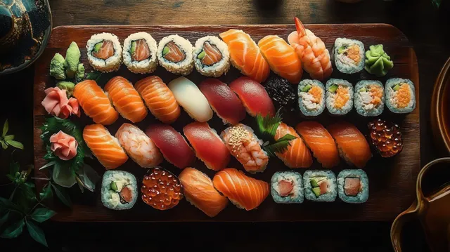 Assorted nigiri and maki sushi with wasabi and pickled ginger arranged on a wooden board.