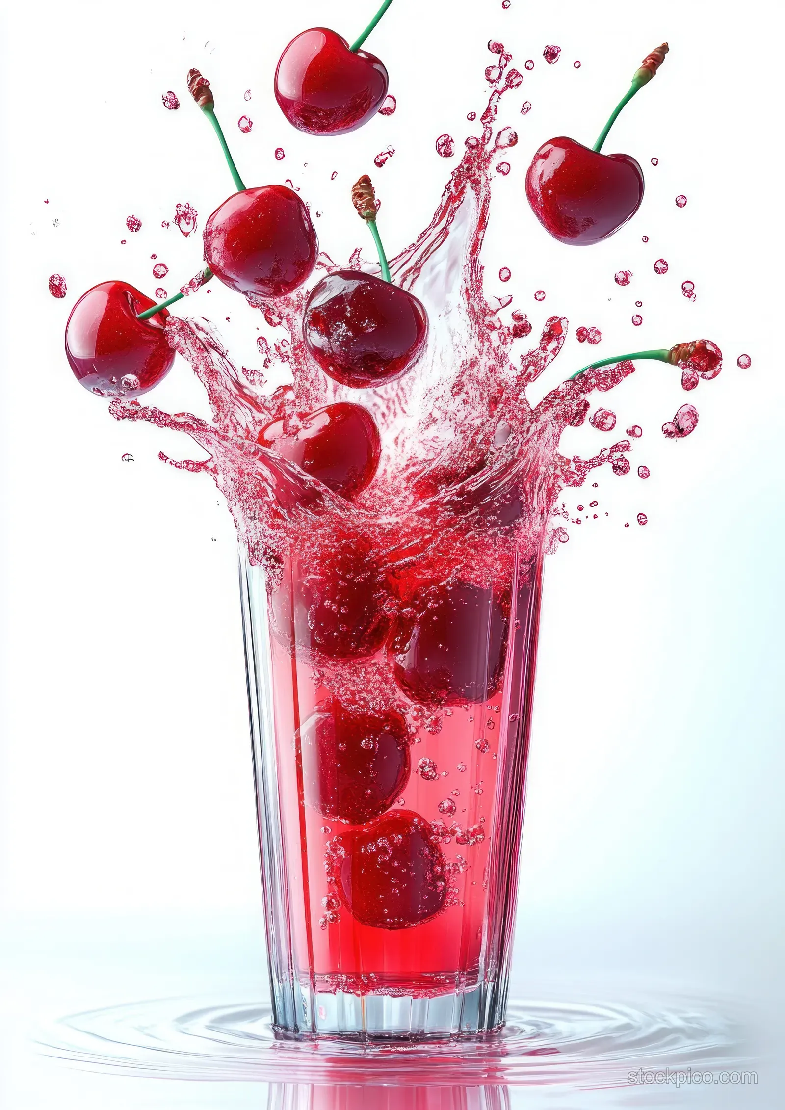 A glass of cherry juice splashes upward with floating cherries and green leaves.