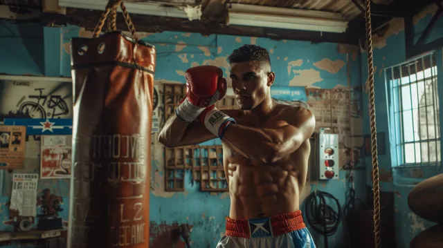 A Cuban boxer trains in a gritty gym with hanging bags and blue walls.