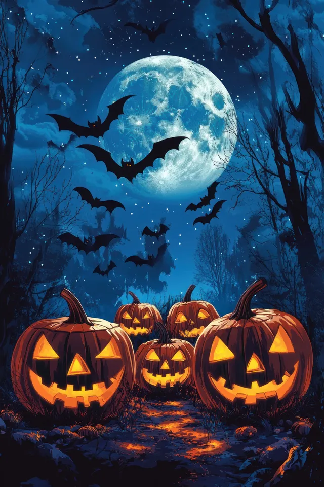 Glowing jack-o'-lantern pumpkins on a misty forest path under a bright full moon with bats in flight.