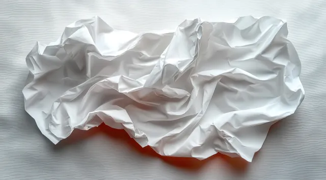 Crumpled white paper sheet with pronounced creases spread over textured light-gray fabric.