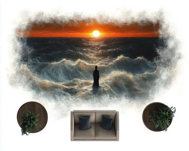 Silhouette of a lone figure on stormy ocean waves at sunset shown above a minimalist sofa with two potted plants.