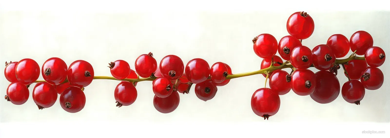 Red currant berries clustered on a thin green stem isolated on a white background.