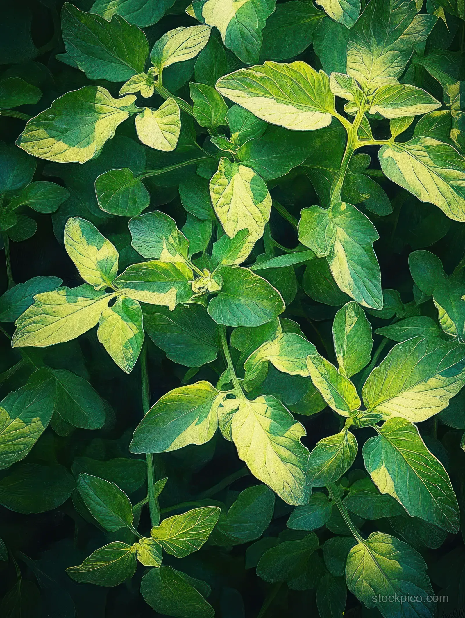 Sunlit green leaves fill the frame, with visible veins and textured surfaces in a dense garden background.