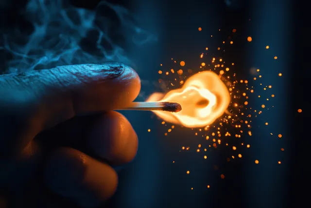A hand strikes a matchstick, lighting it with a bright flame and scattered orange sparks against a dark background.