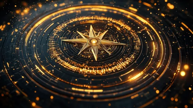 Golden glowing compass rose over concentric digital circuit rings with sparkling particles