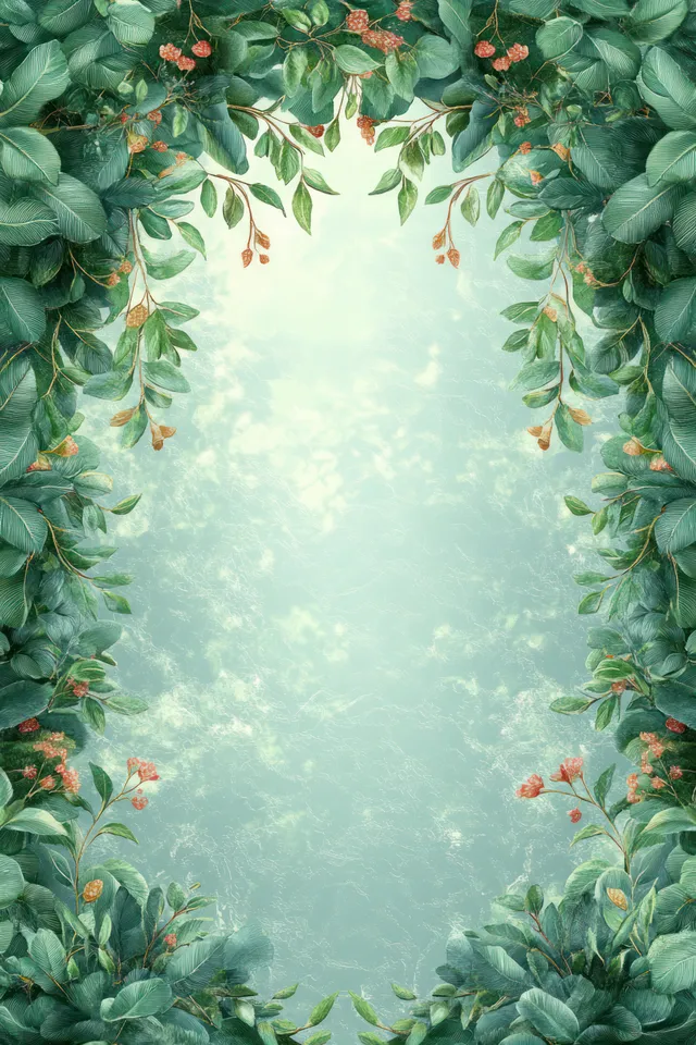 Watercolor tropical leaves and small blossoms create an arch border framing a misty blue background.