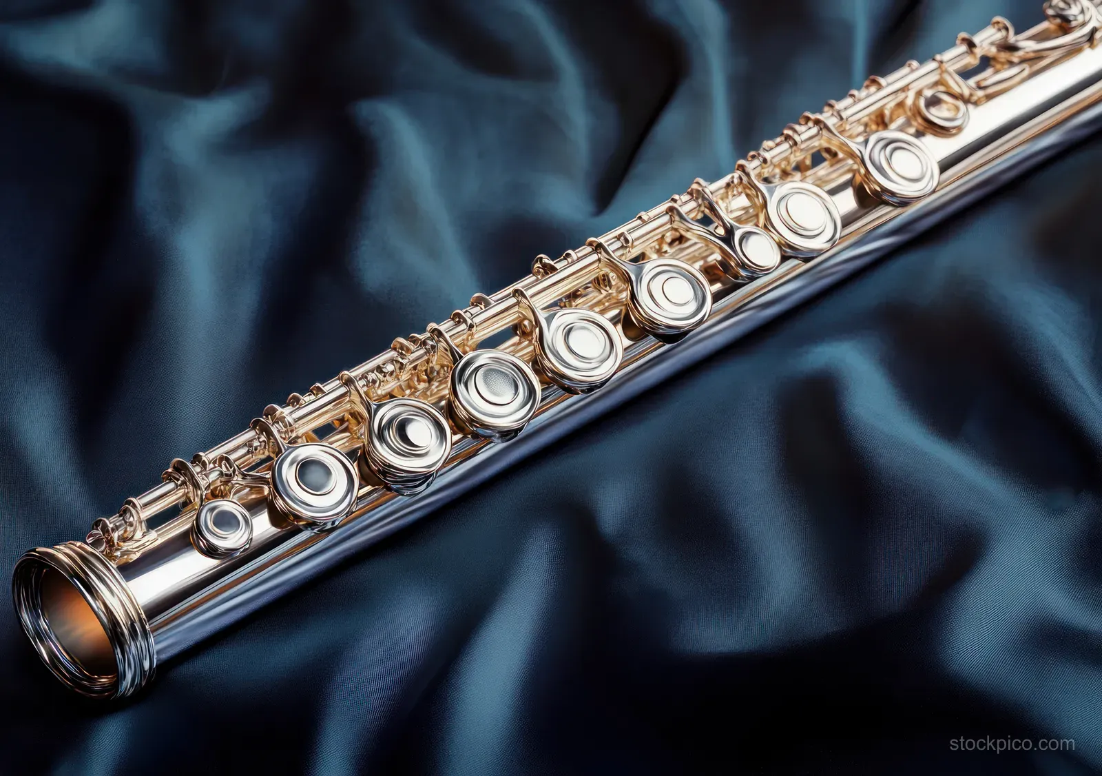 Silver flute resting on dark silky fabric with detailed keys and soft light reflections.