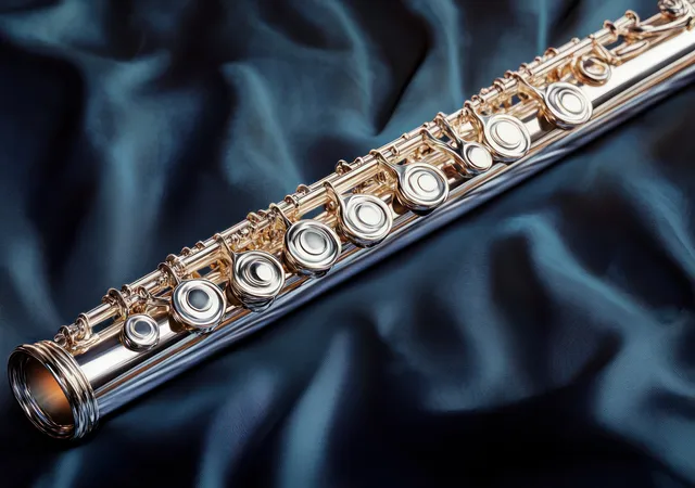 Silver flute resting on dark silky fabric with detailed keys and soft light reflections.