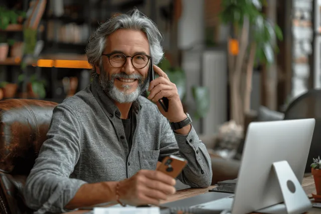Smiling middle aged business man talking on smartphone at desk beside laptop