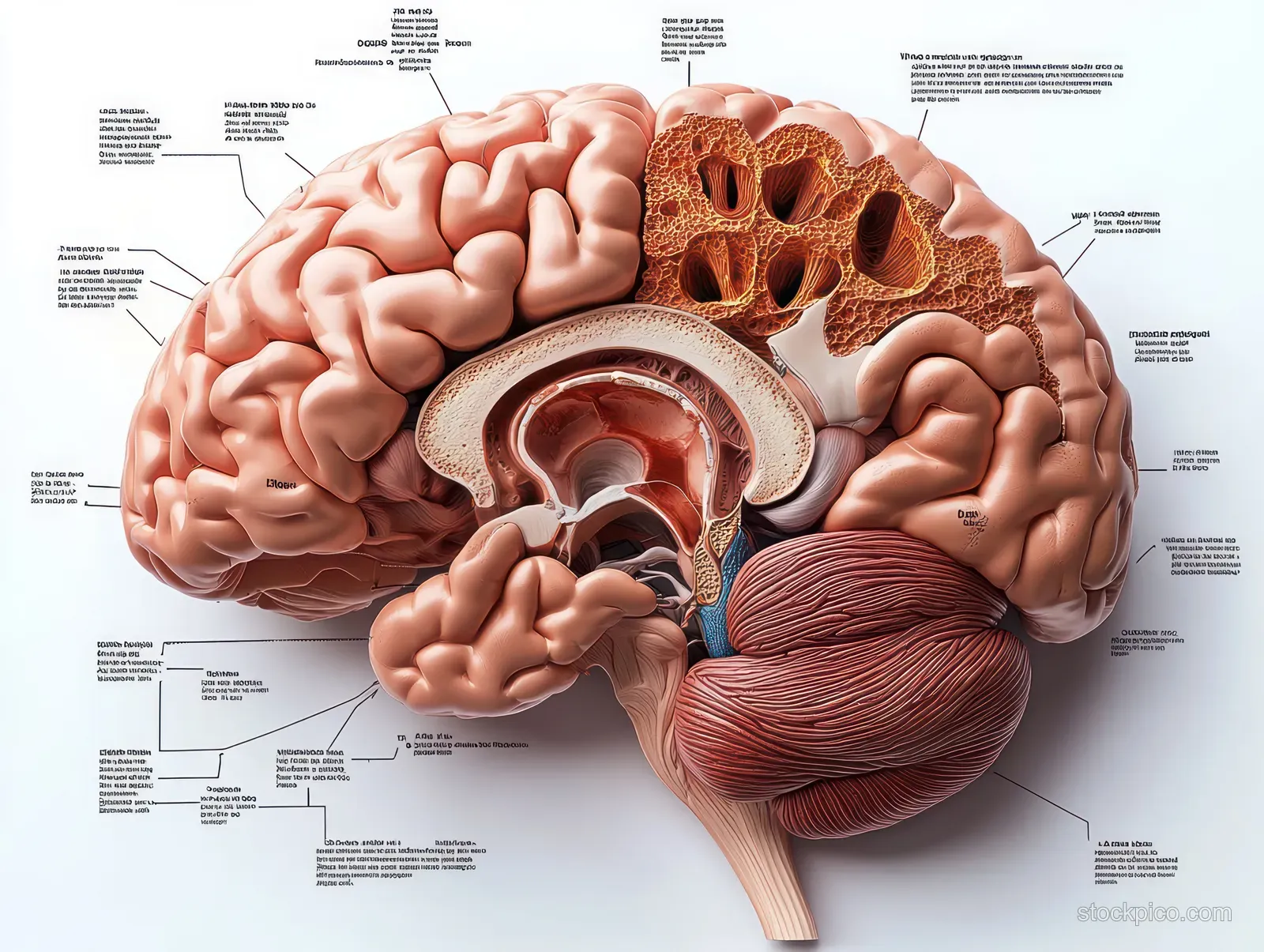 Labeled sagittal brain diagram showing frontal lobe and cerebellum in detailed anatomical section.