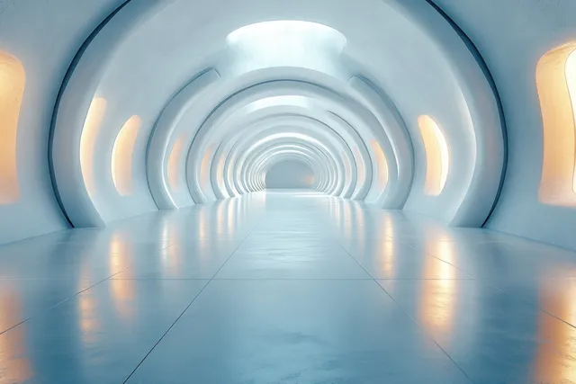 A long futuristic hallway with glowing circular light rings and smooth gray walls receding into the distance.