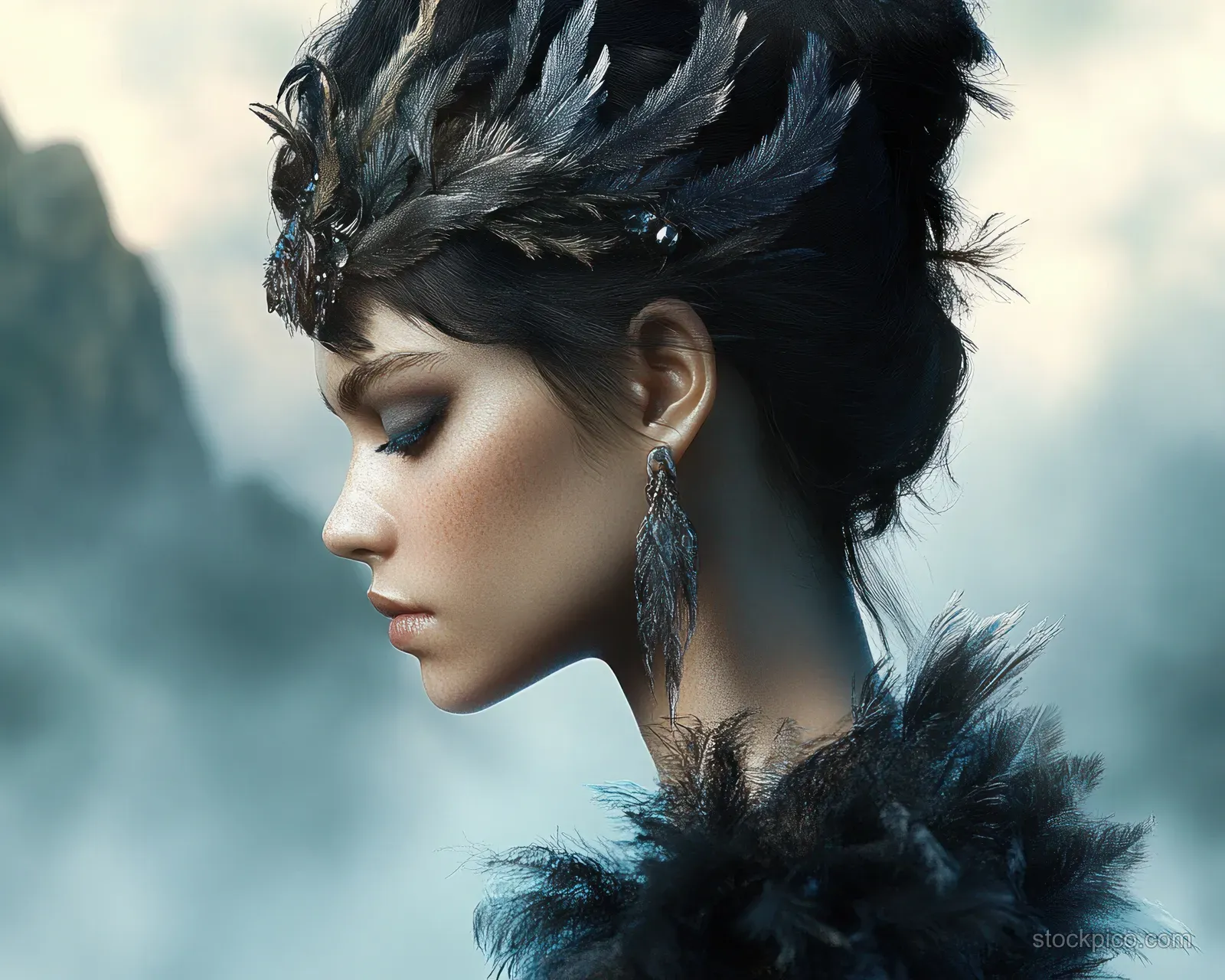 Side-profile fantasy elf woman wearing a dark feathered headdress and jeweled earrings against misty mountains.