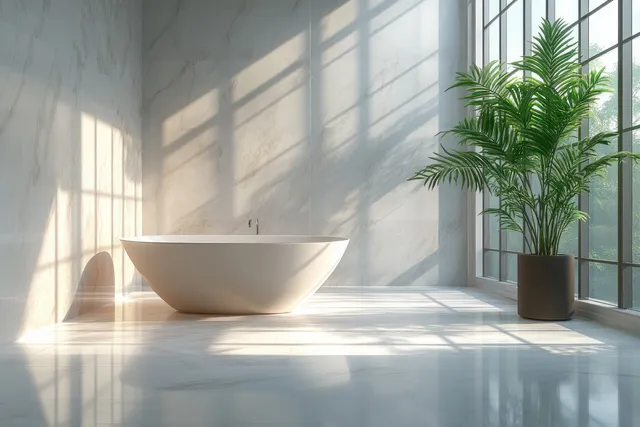 Modern marble bathroom interior with a freestanding tub, large windows, and a vibrant green potted plant in sunlight.