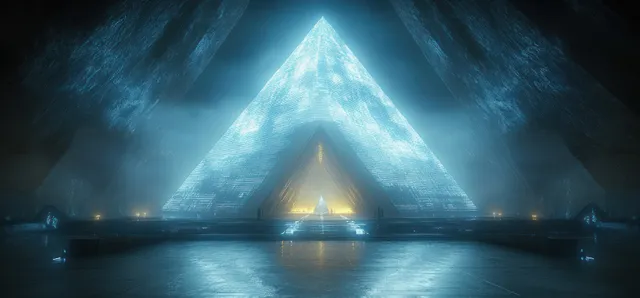 A dark neon-blue cyberpunk corridor with glowing pyramid shapes, reflective floor, and sharp high-contrast shadows.