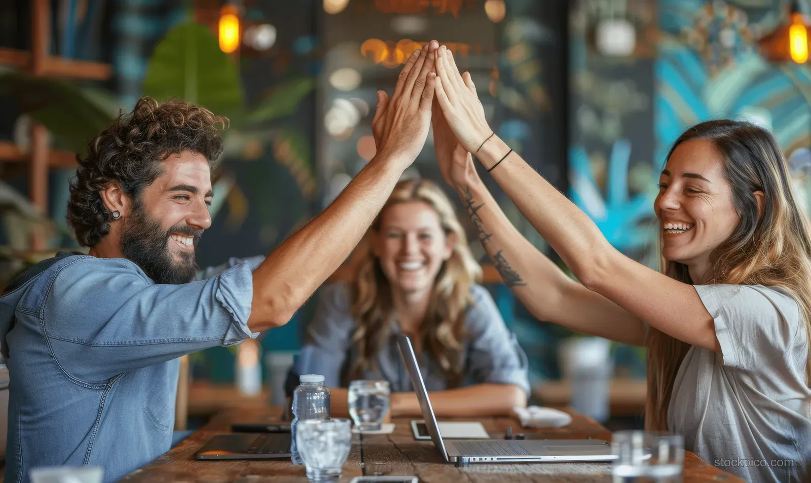 Team members high-five across a meeting table while laptops sit in front and coworkers laugh behind them.