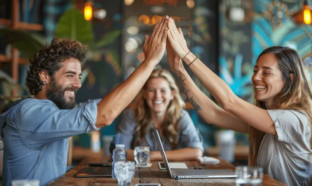 Office team high-fiving with laptops on table, laughing around a meeting