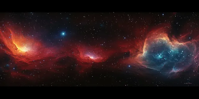 A panoramic cosmic scene with glowing nebula clouds and scattered stars after a supernova explosion.