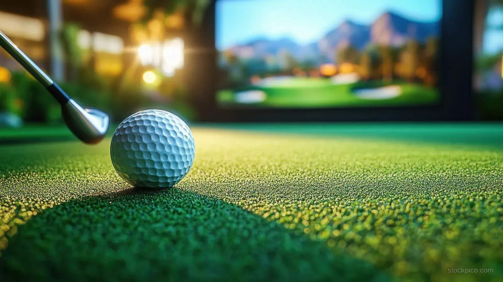 Golf ball on an indoor putting green with a putter head about to strike under warm lighting.